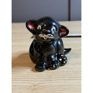 Vtg Redware Black Cat Figurine Candle Holder Kitschy Japan MCM Big Eye Halloween